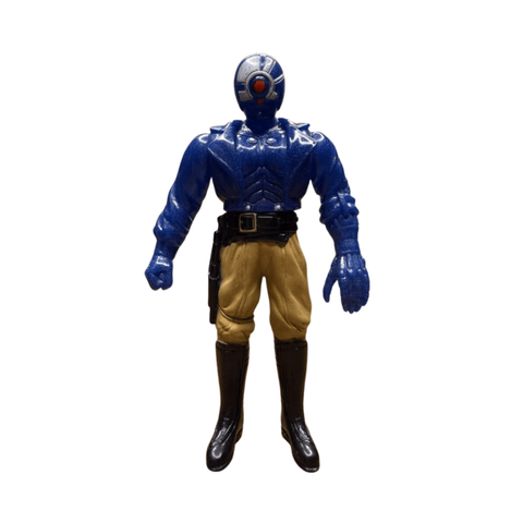 Frontal view of the Armored Captain Gatezone sofubi figure from Kamen Rider Black RX (1988), showcasing a blue armored torso, tan pants, and black boots. The figure’s head features a blue helmet with a red circular element on the face, resembling a cybernetic or villainous design. A black belt with a holster is visible on the right hip. The figure stands upright with clenched fists, highlighting its combat-ready pose and stylized sculpting.