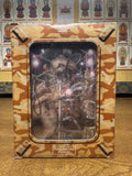 BAck view of the Full Metal Panic! DVD limited edition box displaying a Melissa Mao figure inside a clear window, packaged in a desert camouflage–patterned box with Japanese text and series branding, photographed on a wooden surface.