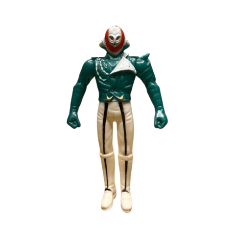 Full-body view of the Naval Commander Bosgun sofubi figure from Kamen Rider Black RX (1988), featuring a green jacket with a white triangular chest design, white pants with black vertical stripes, and white boots. The character’s mask has a red outline and white face with large eye openings and a small mouth. The arms are positioned downward with clenched fists, showcasing the figure’s retro villain aesthetic and tokusatsu styling.