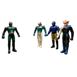 Four vintage Japanese tokusatsu action figures standing upright on a flat surface. The leftmost figure is Naval Commander Bosgun from Kamen Rider Black RX (1988), featuring a green and black armored suit with red compound eyes and insect-like antennae. The three figures to the right are stylized villains or allies from the same series, each with unique costumes: one in green and white with a red-and-white mask, one in blue with tan pants and a blue mask, and one in black and blue with a white animal-like he