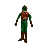 Frontal view of the Popy Vintage Sofubi Kamen Rider Amazon figure, showcasing its green and red costume, muscular chest sculpt, dark brown gloves and boots, and white scarf. The helmet has large red eyes and antennae, reflecting the insect motif typical of Kamen Rider designs. The figure’s proportions and paintwork highlight its Showa-era craftsmanship and collectible appeal.