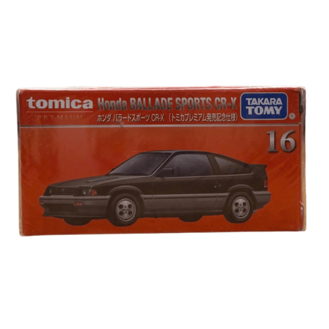 Front of the Tomica Premium TP16 box featuring a black Honda Ballade Sports CR-X die-cast model, labeled No.16, with 1/60 scale and suspension feature. Suitable for ages 6 and up.