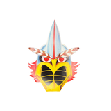 Detailed cardboard bird mask with striped eyebrows, red eyes, and a tall blue crest with red stripe.