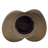 Close-up view of the underside of the Ultraman Gaia piggy bank, showing a butterfly-shaped or bowtie-like base with a central black circular component, likely a coin release stopper. Surrounding the stopper is engraved text reading “©1998 TSUBURAYA PROD. MBS,” confirming the item’s official licensing by Tsuburaya Productions and Mainichi Broadcasting System. The molded plastic base is metallic or glossy, providing authentication details crucial for collectors.