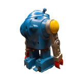 "Vintage toy robot with a rounded blue torso, yellow shoulder joints, silver arms, and red claw-like hands. The head features a small antenna and molded facial details. The feet are blocky with black wheels, suggesting mobility. The design is inspired by classic sci-fi themes and mechanical play."