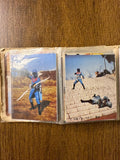 Two vintage Japanese superhero trading cards in a protective sleeve. The left card shows a dark-suited character with red chest armor holding a boomerang-like weapon, pointing forward. The right card features a red-suited hero aiming a weapon with both hands. Both cards are set against a natural outdoor backdrop with a mountain—possibly Mount Fuji—in the distance. The right card includes “©石森プロ NET 東映,” confirming its Goranger origin.