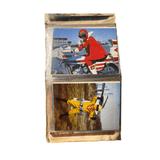 Two vintage collectible cards in a plastic sleeve. The top card shows a red-suited superhero riding a white motorcycle labeled “RED” and “GOR,” referencing Goranger. The bottom card features a yellow-suited hero in a dynamic pose with industrial structures in the background. These cards highlight individual team members from Himitsu Sentai Goranger, showcasing their vehicles and action stances.