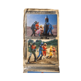 Photo album page with two vintage Himitsu Sentai Goranger photographs. The top image shows costumed heroes around a rocket-like object in a barren landscape, with a pink-suited character appearing distressed. The bottom image features five color-coded heroes (red, blue, yellow, green, pink) in dynamic poses in a forest. Both images include “NET・日本教育,” referencing Nippon Educational Television, the original broadcaster of the series.