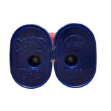 Close-up view of the underside of two blue plastic toy feet from the Batten Robomaru GB-94 figure. The left foot features Japanese embossed text reading “バッテン X © モグプロ フレーベル館,” indicating character and publisher licensing. The right foot displays the Popy logo with “1982 JAPAN” stamped below, confirming the toy’s origin and production year. Both feet are joined with visible screws, showcasing the figure’s vintage construction and authenticity markers.