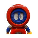 Detailed close-up of the Batten Robomaru GB-94 robot’s head, showing a red circular helmet and blue faceplate with two oval eyes featuring inward-pointing black arrow markings. The body is red with metallic silver joints and blue and yellow arms. The stylized eyes give the figure a distinctive and whimsical expression, emphasizing its cartoon-inspired design.