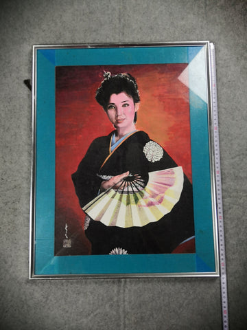 Japanese Lady in a Kimono Holding a Fan Oil Painting with Ukiyo-e